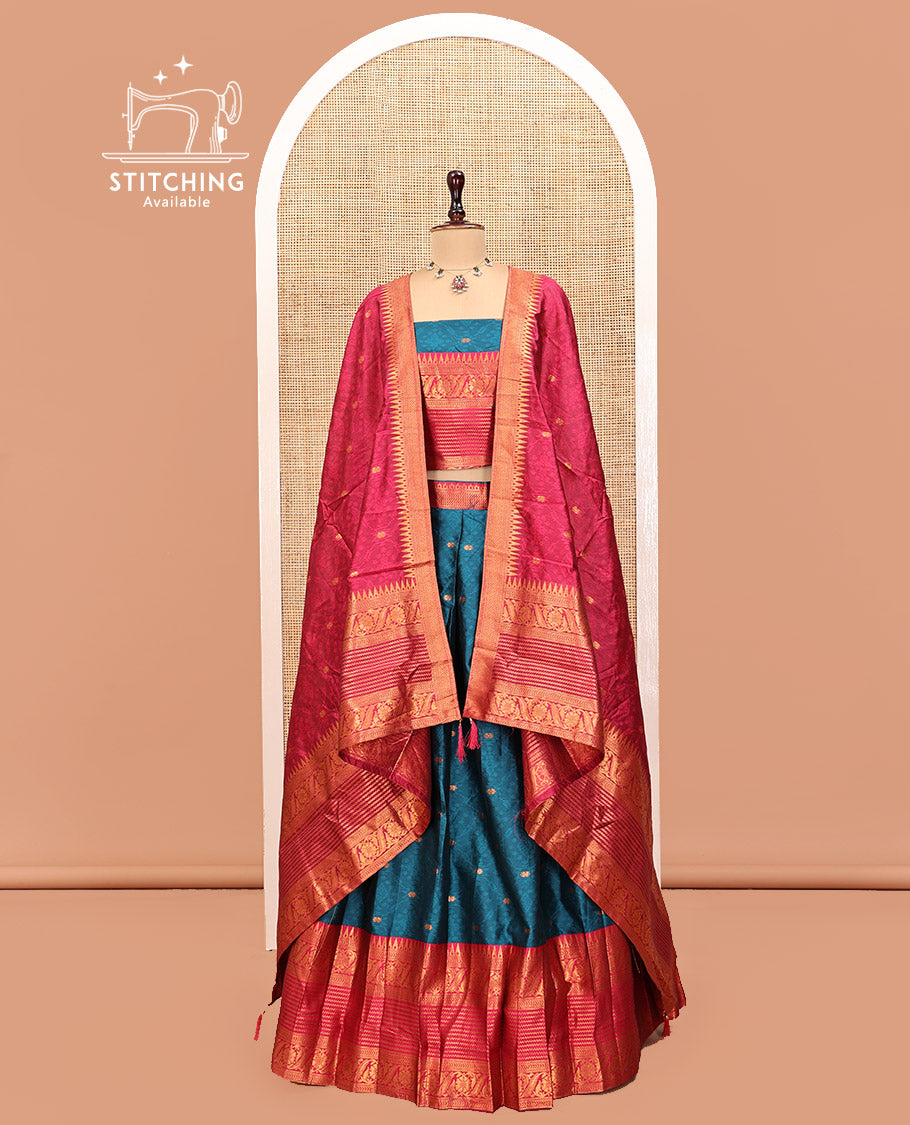 Blue Art Silk Half Saree, Delicately Woven with Embossed and Buttas Skirt, Contrast Traditional Border, Matching Blouse, and a Contrast Dhavani