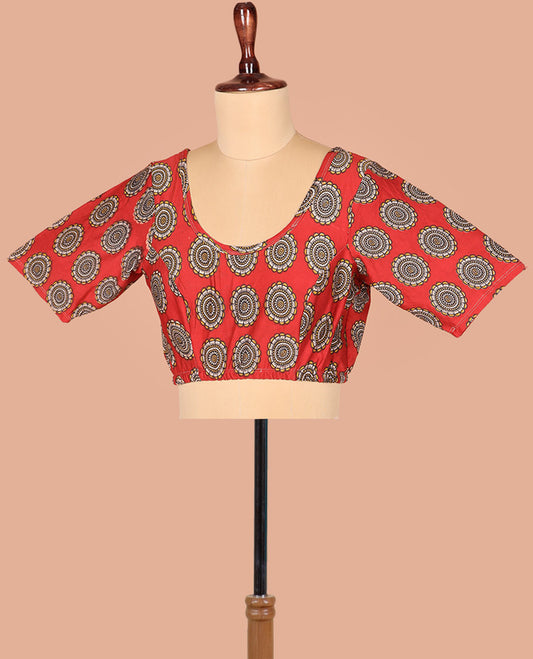 Red Readymade Blouse Gleamed Up with Chakram Motifs Print, Featuring Front Round Neck, Back Round Neck, and Elbow Sleeves