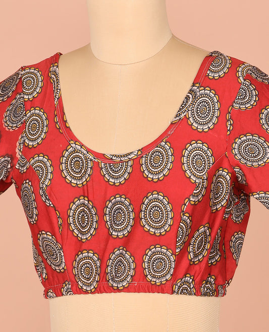 Red Readymade Blouse Gleamed Up with Chakram Motifs Print, Featuring Front Round Neck, Back Round Neck, and Elbow Sleeves
