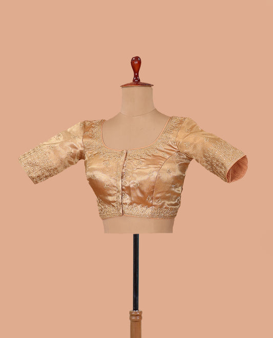 Light gold thread embroidered front-back round neck elbow sleeve blouse