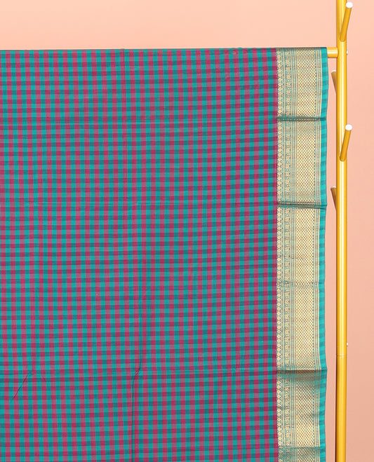 Blue-Red Chettinad Cotton Saree, Features Micro-Checks, Highlighted by Traditional Zari Border, Striped Pallu, and No Blouse