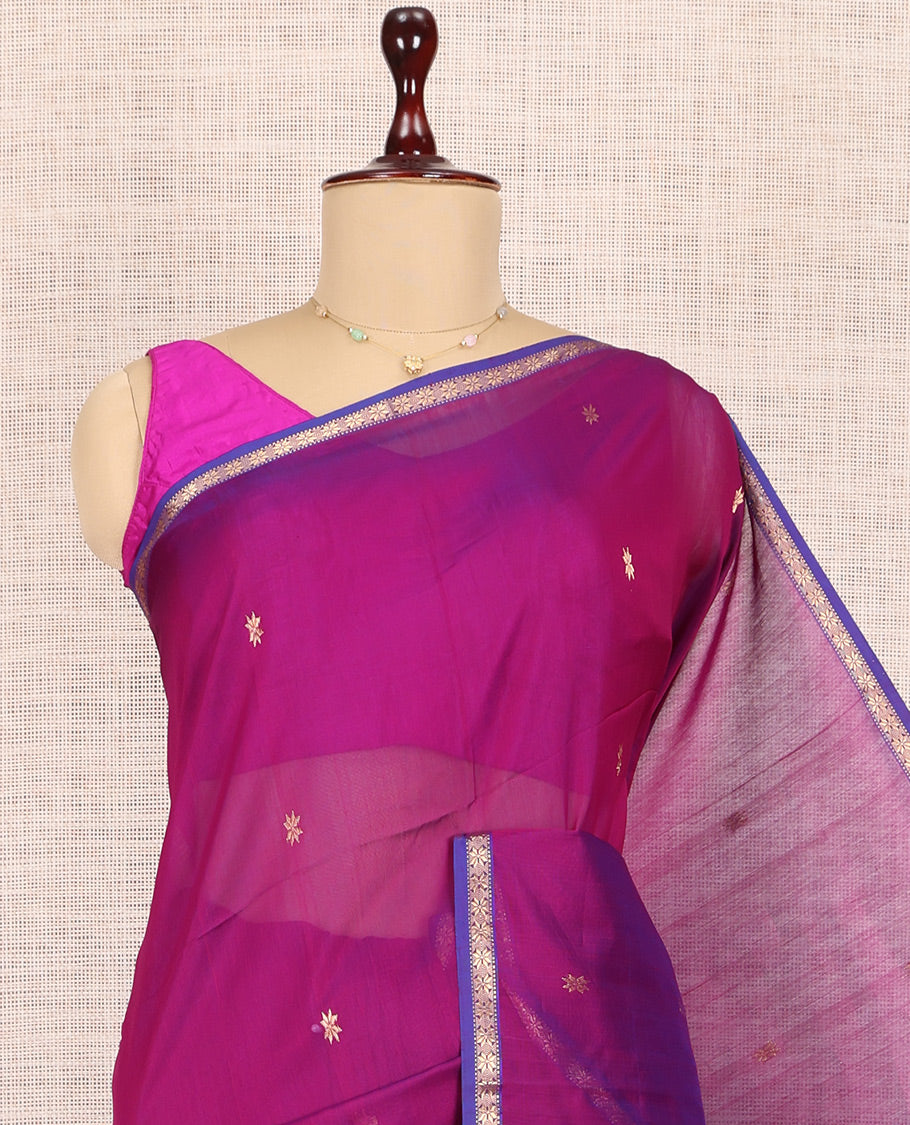 Magenta Maheshwari Cotton Saree, Graced with Buttas, a Subtle Contrast Piping Zari Border, Pallu Gleamed Up with Zari Buttas, and Contrast Blouse