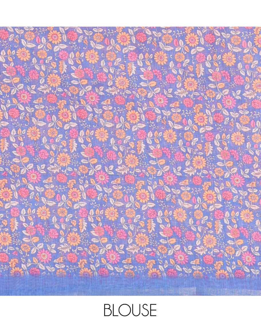 Pink Christmas-Themed Linen Cotton Saree, Elevated with Christmas Tree Motifs Printed on Its Body, a Subtle Piping Border, Pallu of Christmas-Themed Print, and Paired with a Contrast Floral Printed Blouse