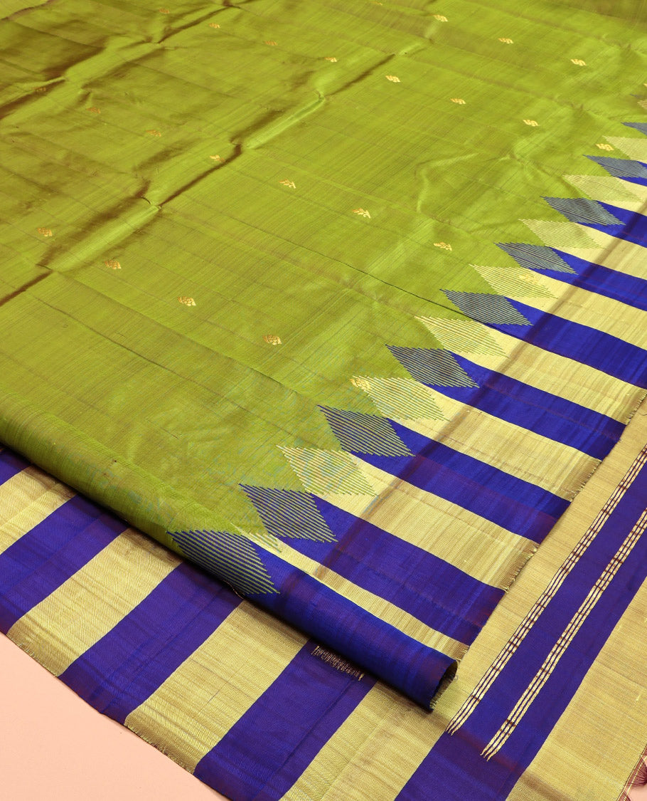 Green Kanchipuram Silk Saree, Woven with Zari Buttas, Complemented by a Contrast One-Sided Temple Border, Zari Design Pallu, and No Blouse