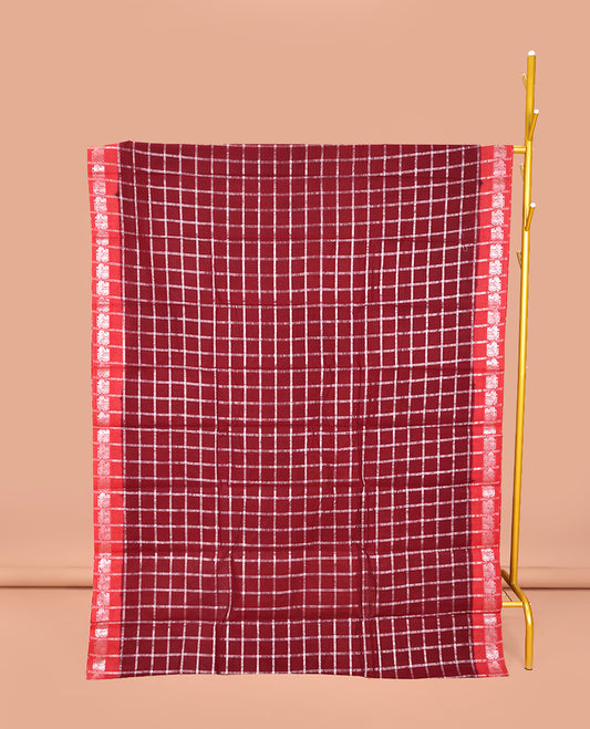Red Sungudi Cotton Saree, Adorned with Zari Checks on Its Body, Complemented by a Contrast Peacock Motifs Woven Zari Border, Zari-Checked Pallu, and Paired with a Contrast Blouse