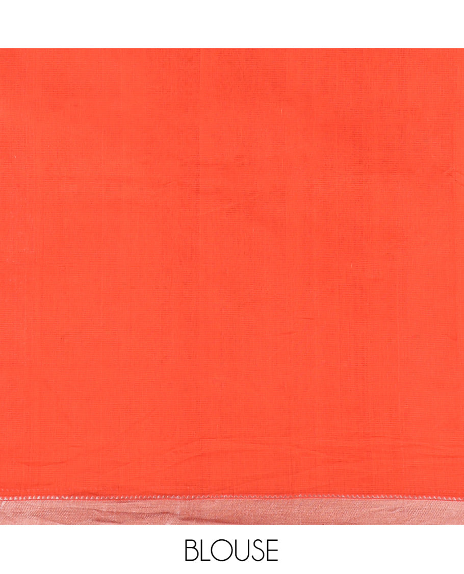 Orange-Peach Mangalgiri Cotton Saree, Gleamed Up with Stripes on Its Body, Highlighted by Zari Temple Border, Zari-Striped Pallu, and Paired with a Matching Blouse