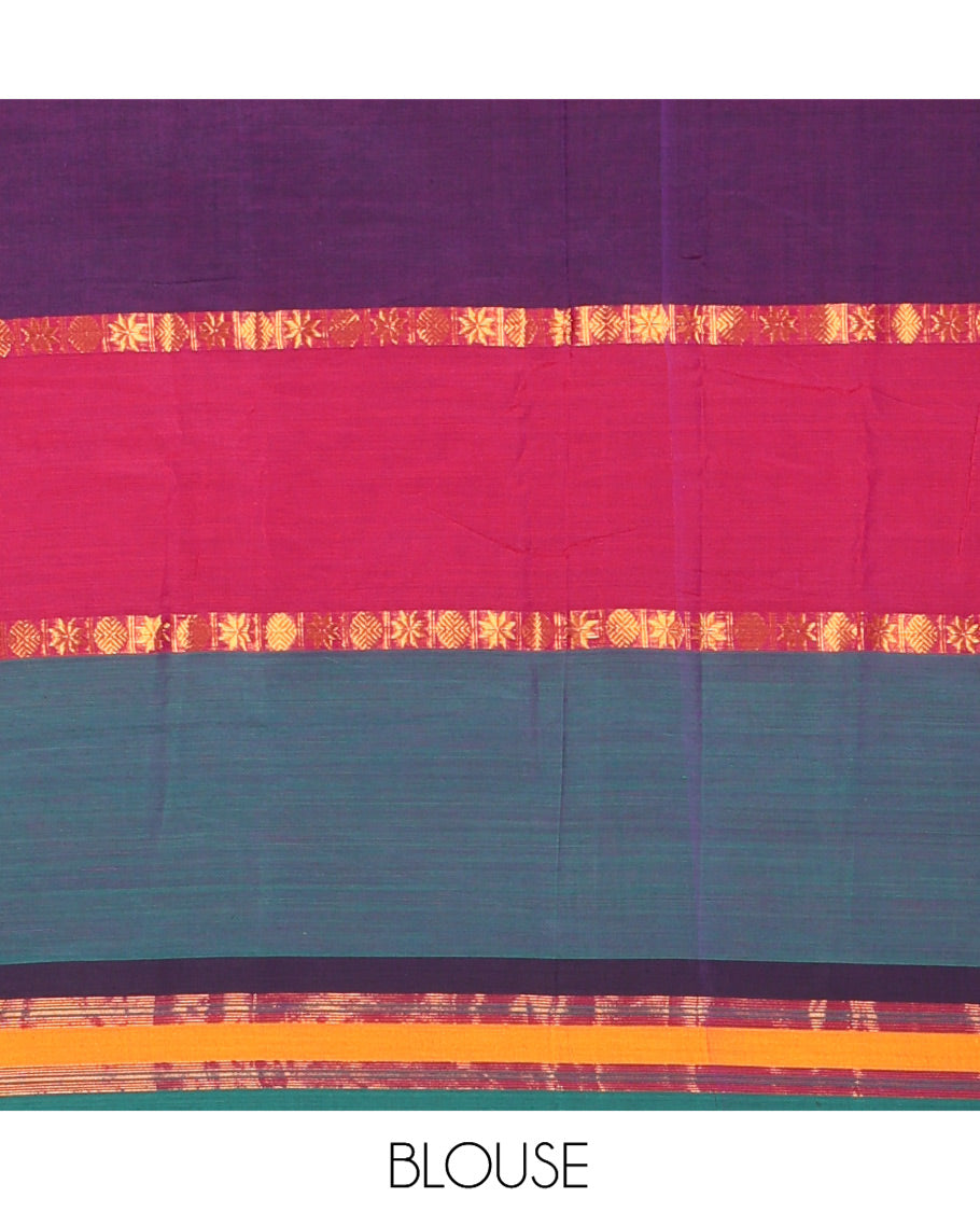 Purple Mercerised Cotton Saree, Adorned with Multi-Colour Stripes, a Contrast Border, Striped Pallu, and a Matching Blouse