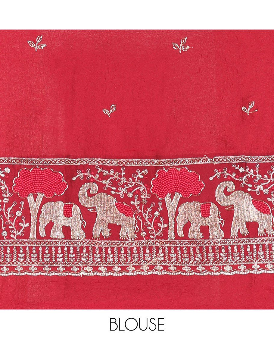 Off-White Chinon Chiffon Saree, Gracefully Embellished with Gold Zari Checked Design on Its Body, Self-Pallu, and Paired with a Contrast Elephant-Tree-Themed French Knot Embroidered Blouse