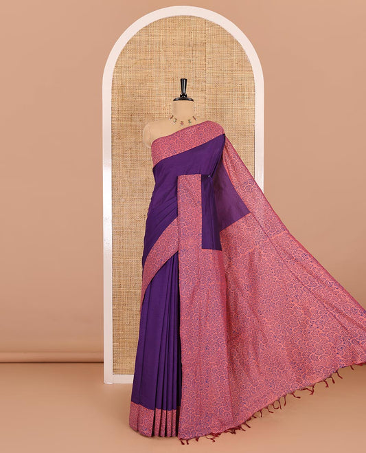 Dark violet plain South cotton saree, contrast border, and pallu of intricate print, and a block printed blosue