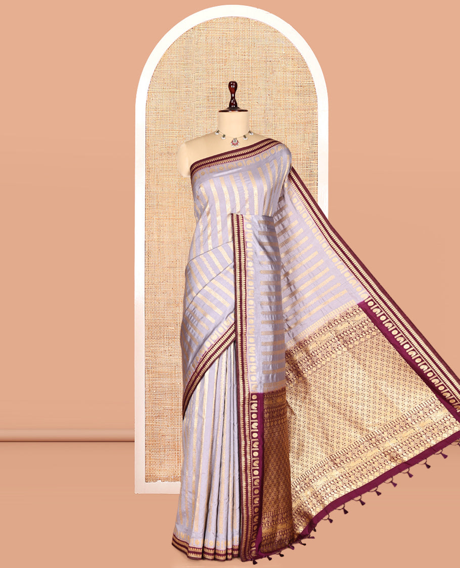 Grey Zari Stripes Fancy Raw Silk Saree, Contrast Traditional Border, Jaal Pallu, and Contrast Blouse