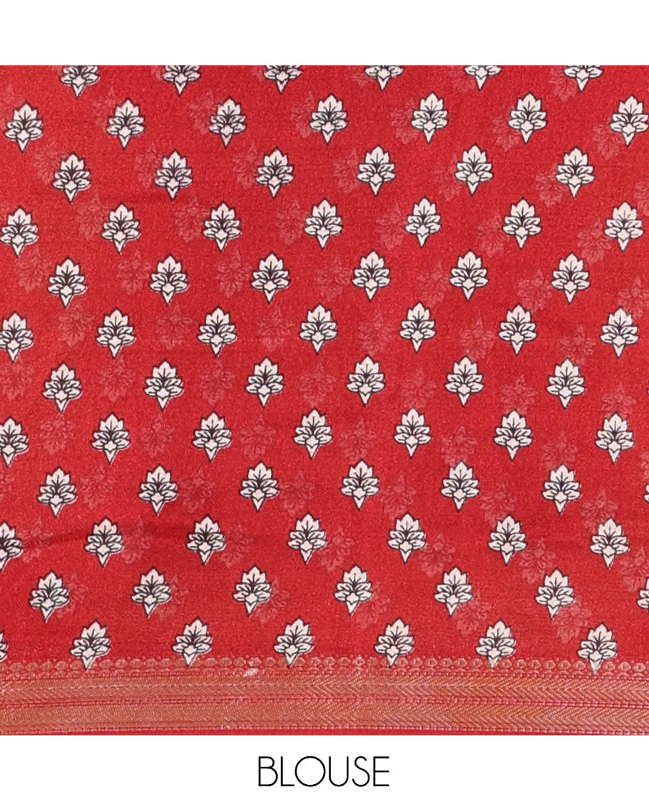 Cream-Red Kalamkari Printed Moss Chiffon Saree, a Contrast Border, a Contrast Blouse