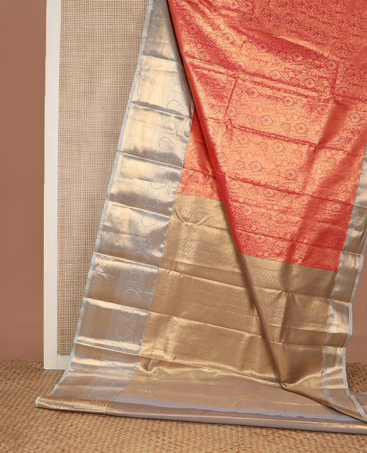 Red floral jacquard budget silk saree, contrast traditional zari border, and zari rich pallu