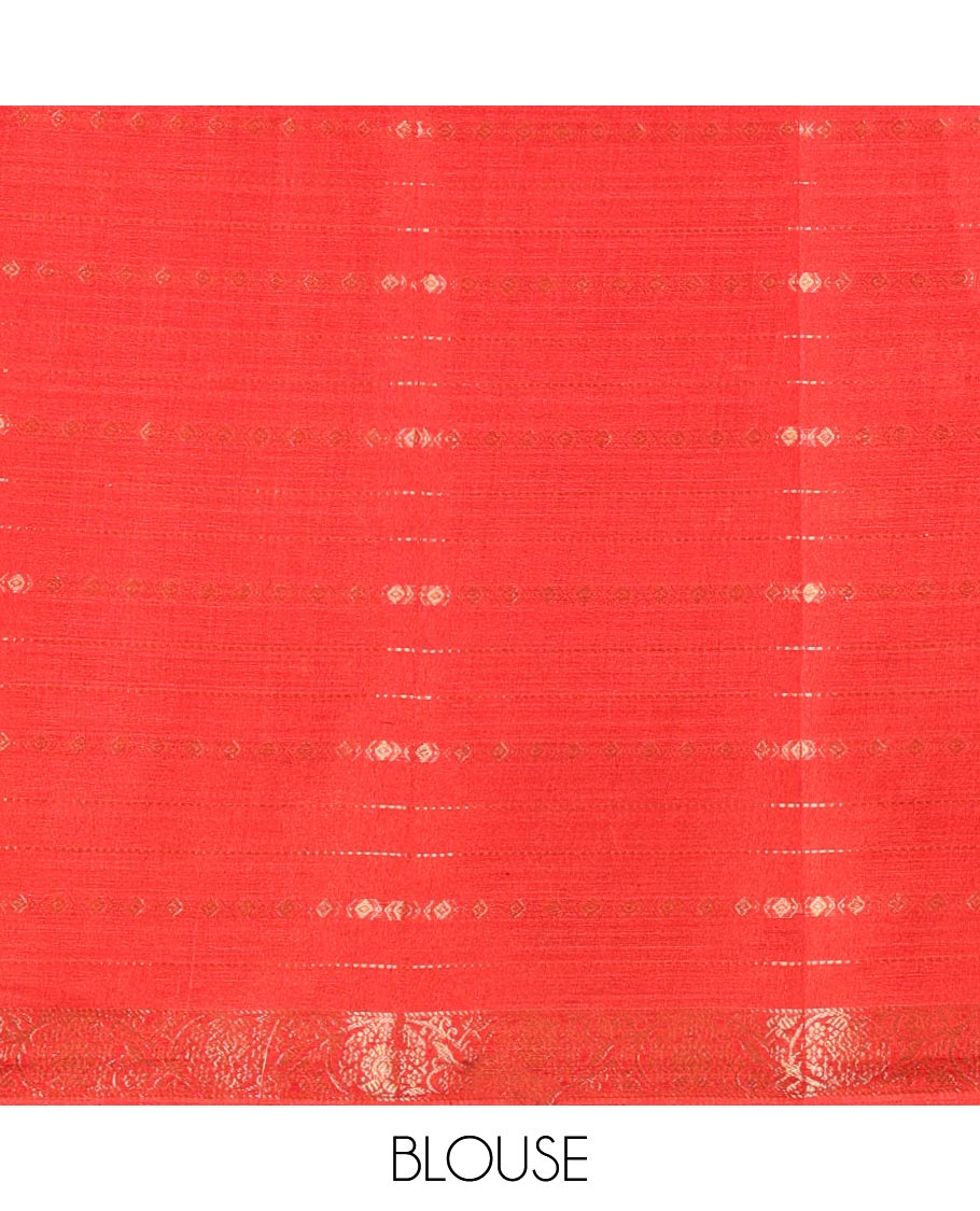 Rust Dola Silk Saree Ornamented with Paisley Buttas, and Horizontal Zari Stripes All Over Its Body, Complemented by Contrast Floral Creeper Zari Design Border, Pallu Steeped with Paisleys, and Paired with a Contrast Blouse