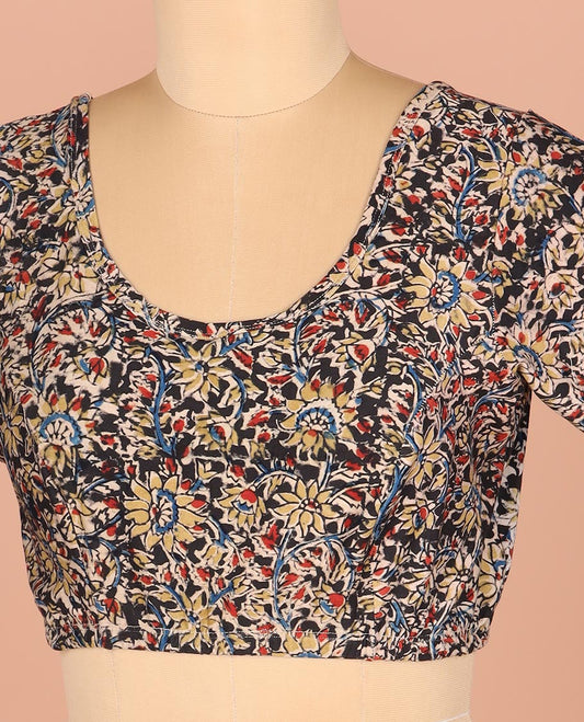 Black Readymade Blouse Accentuated with Floral Vine Prints, Featuring a Front Round-Neck, a Back Round Neck, and Elbow Sleeves