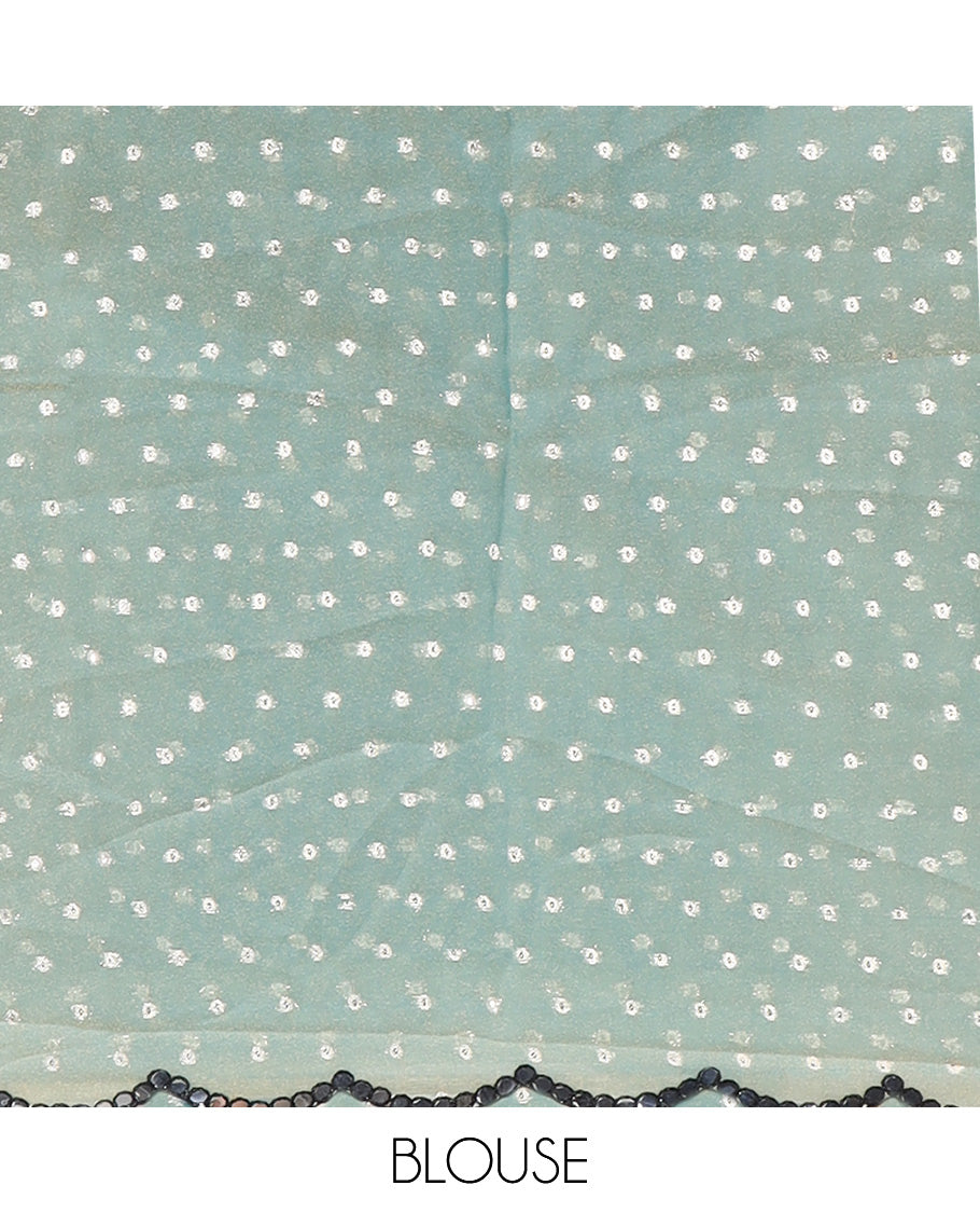 Sea Green Shimmer Chiffon Saree, Steeped with Buttas, a Scallop Mirror Work Border, and a Matching Blouse