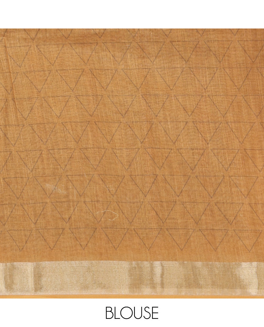 Coffee Brown and Green Linen Cotton Saree, Elevated with Geometric Print on Its Body, Complemented by Contrast Zari Border, Geometric Printed Pallu, and Paired with a Contrast Blouse