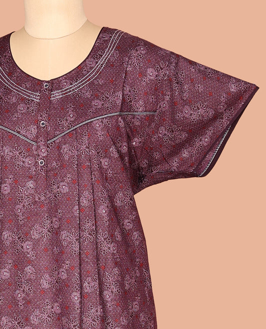 Burgundy Floral Print Cotton-Blended Nighty