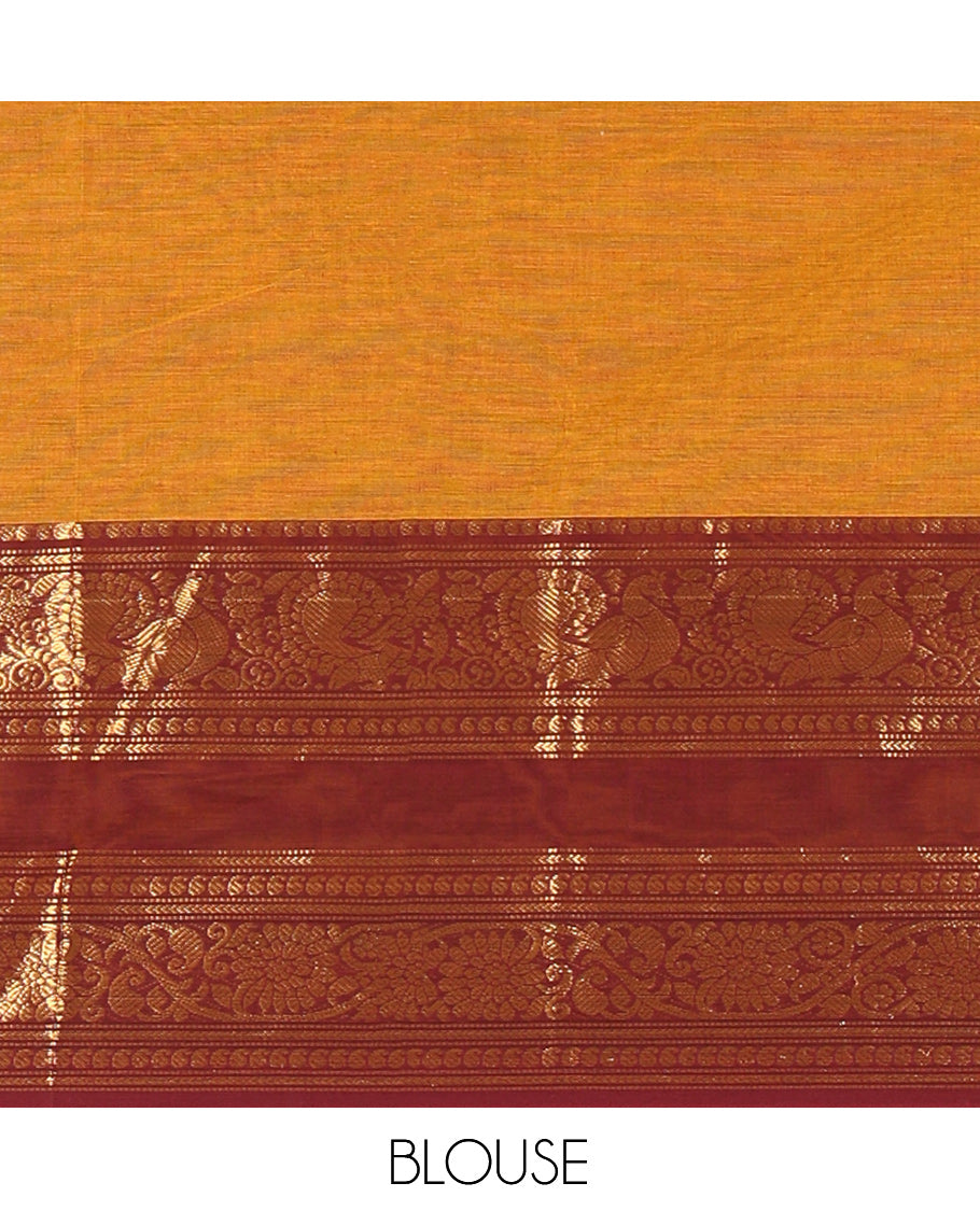 Mustard Plain Chettinad Cotton Saree, a Contrast Rettai Pettu Traditional Zari Border, Striped Pallu, and a Matching Blouse