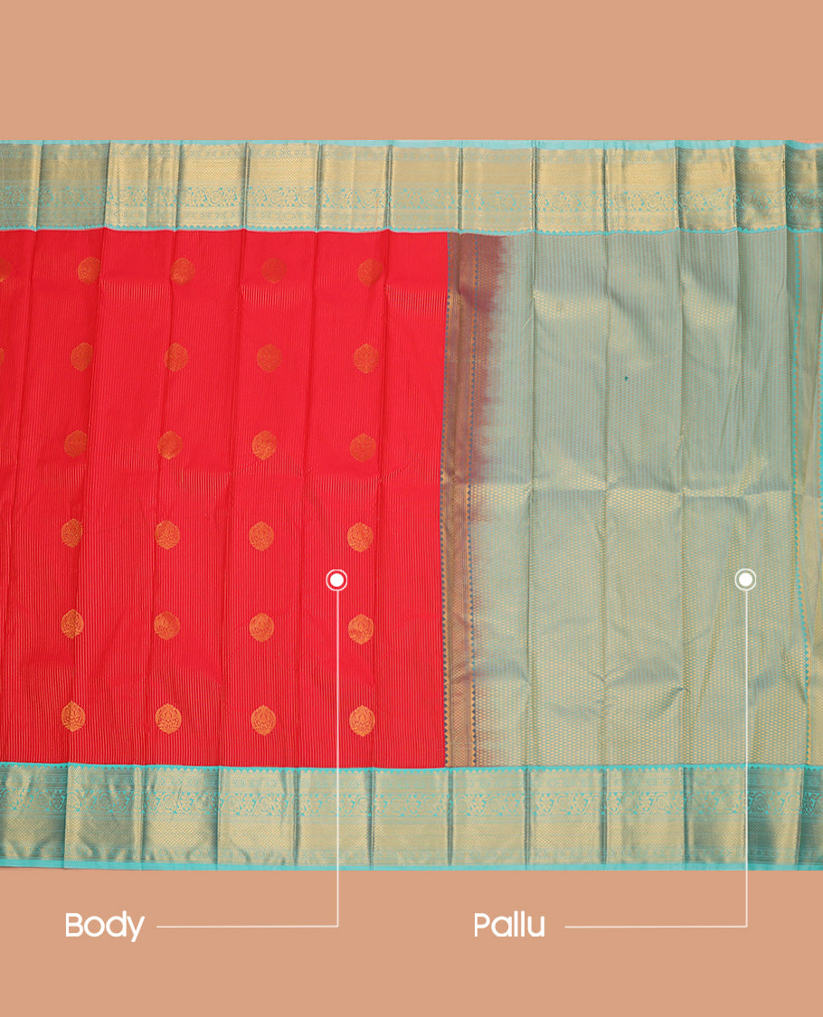Red Budget Silk Saree, Steeped with Zari Buttas and Stripes All Over Its Body, Complemented by Contrast Traditional Zari Designs Woven Border, Grand Jaal Pallu, and Paired with a Contrast Blouse