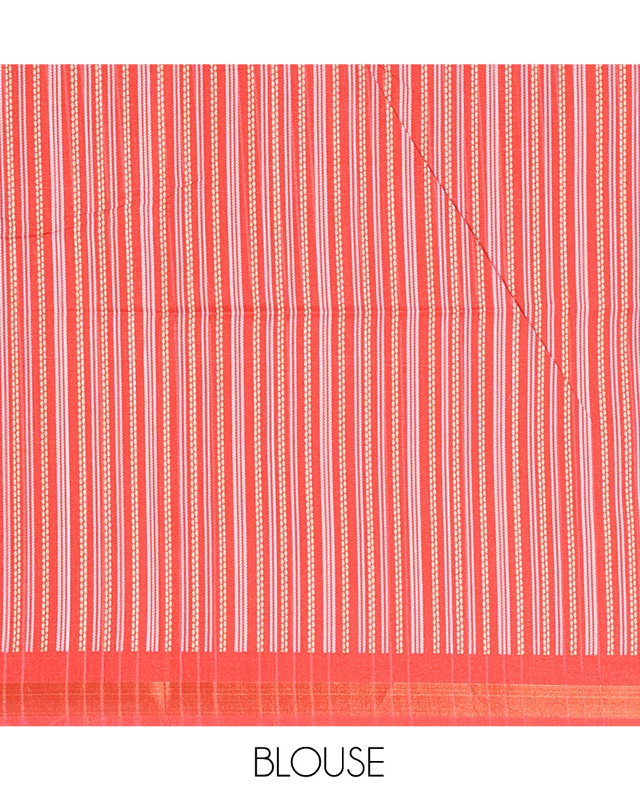 Cream-Red Katan Silk Saree Features Buttas, Complemented by Contrast Temple Zari Border, Striped Pallu, and a Contrast Blouse