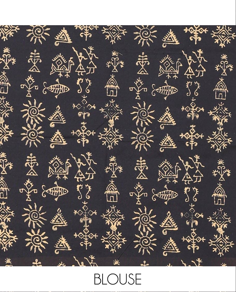 Chikku South Cotton Saree Bedecked with Cat Motifs Printed All Over Its Body, Subtly Sparked with Warli Village Theme Printed Border, and Paired with a Contrast Warli Printed Blouse
