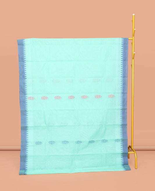Blue Chettinad Cotton Saree, Adorned with Buttas All Over Its Body, Complemented by a Contrast Temple Border, Pallu of Paisleys, and Paired with a Matching Blouse