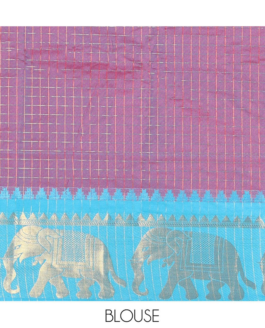 Purple Semi-Taffeta Saree, Accentuated with Medium-Zari Checks All Over Its Body, Complemented by Contrast Temple Border Featuring Elephant Motifs, Contrast Checked Pallu, and Paired with a Matching Blouse