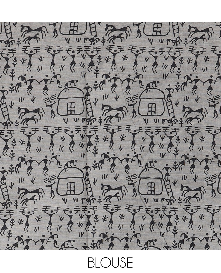 Borderless Light Brown South Cotton Saree Features Traditional Village-Theme Print, and a Matching Blouse