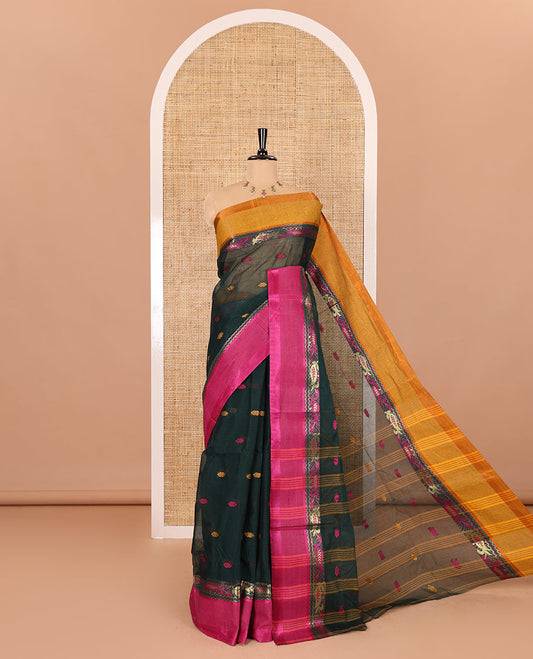 Green buttas woven Bengal cotton saree, contrast ganga jamuna border, and striped pallu