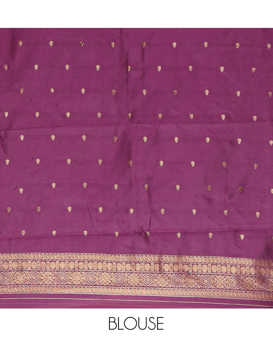 Lavender Kanchi Silk Saree, Gracefully Embellished with Floral Zari Buttas All Over Its Body, Complemented by Contrast Floral Design Border, Intricately Designed Pallu, and Paired with a Contrast Blouse