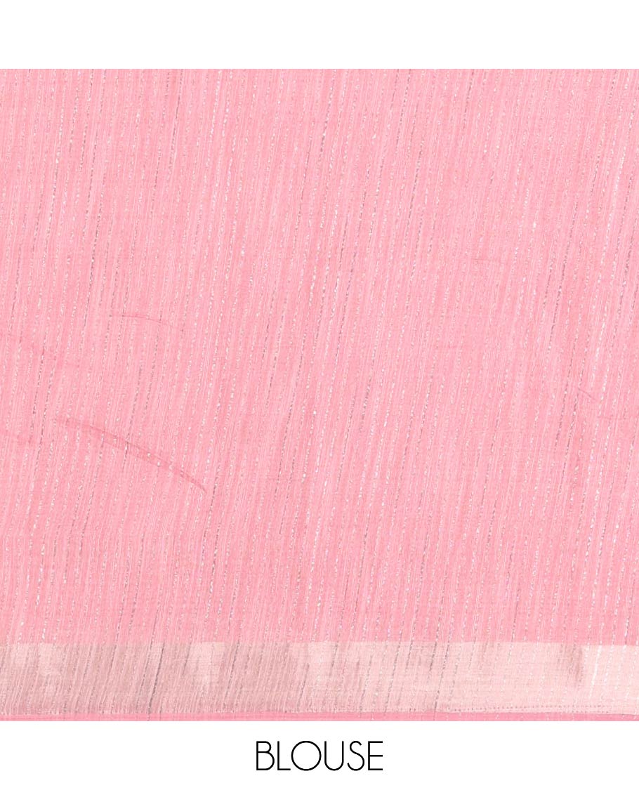 Onion Pink Linen Zari Cotton Saree, Gleamed Up with Zari Stripes All Over Its Body, a Subtle Zari Border, a Self-Pallu, and Comes Without a Blouse