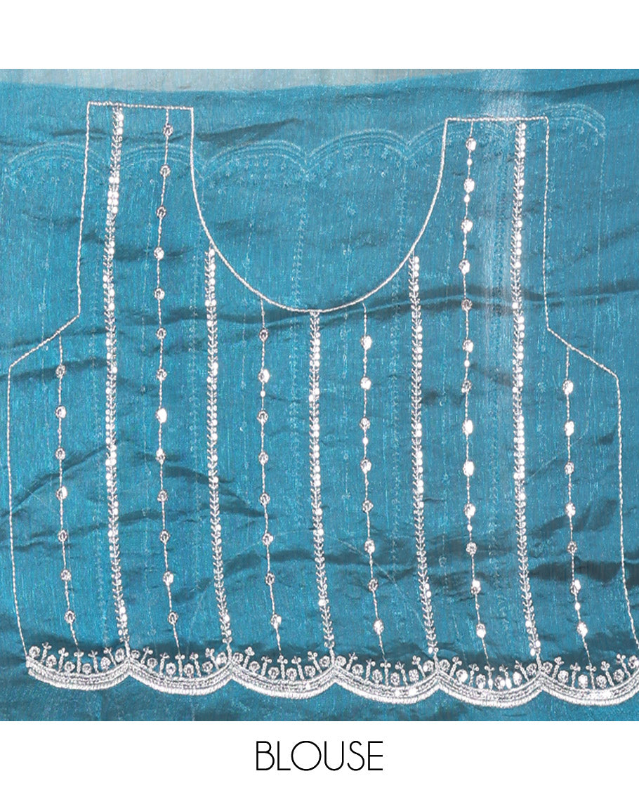 Blue Fendy Chiffon Saree Highlighted with Sequins and Thread Stripes Embroidery, Scallop Embroidered Border, Elegantly Embroidered Pallu, and Paired with a Matching Blouse