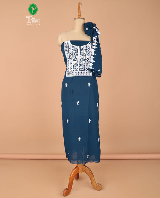 Deep blue chudidhar material flower butta chickenkari work georgette top with santoon material pants & double side chickenkari work dupatta