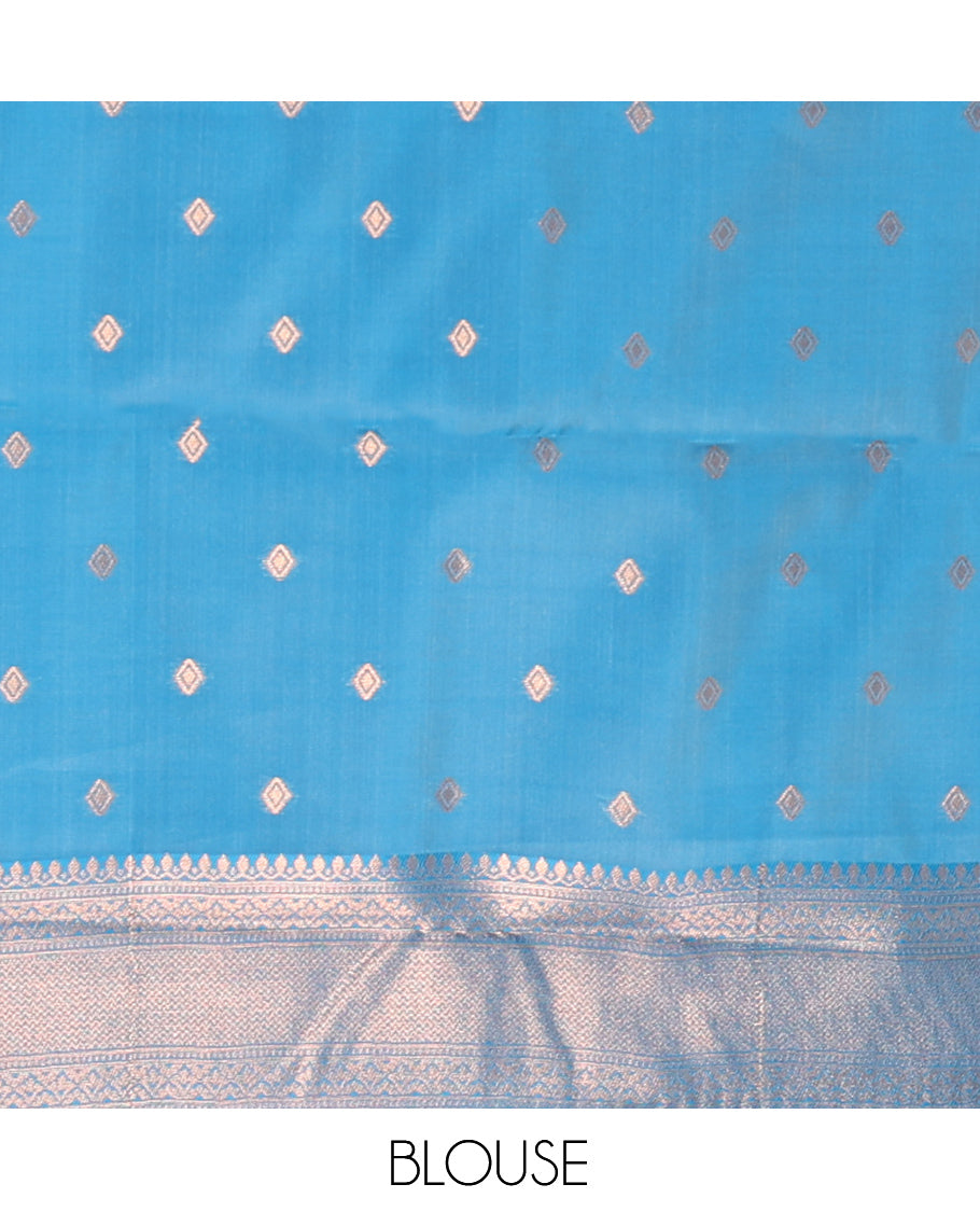 Multi-Color Zari Butta Enclosed Checks Litchi Saree, Ornamented with Contrast Traditional Border and Blouse