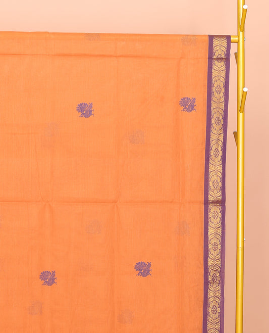 Orange Venkatagiri Cotton Saree, Adorned with Peacock Buttas, a Contrast Flower Zari Border, Pallu of Peacock Buttas and Stripes, and No Blouse