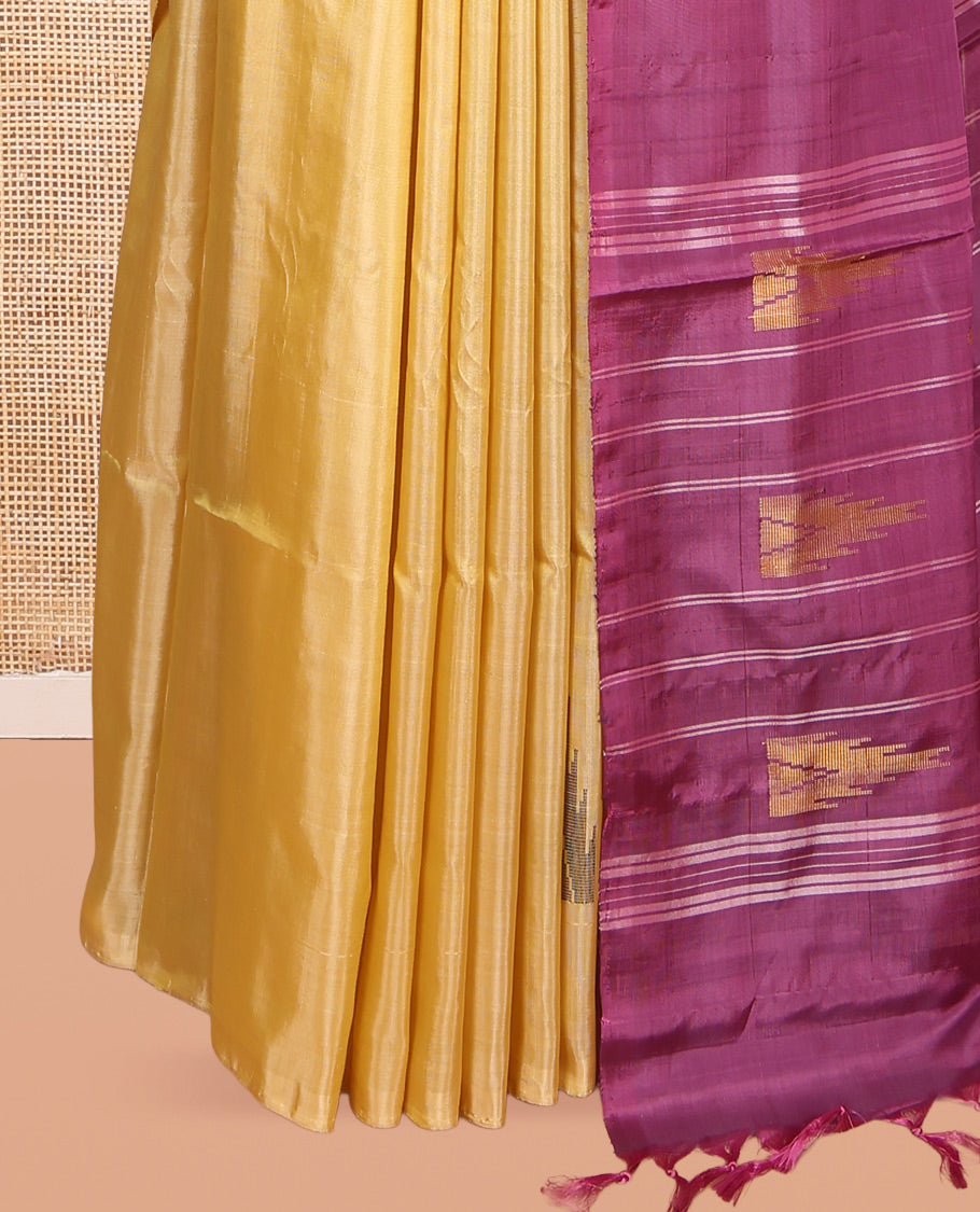 Borderless Gold Banana Pith Saree, Woven with Temple Buttas, a Contrast Pallu of Stripes and Temple Design, and a Contrast Blouse