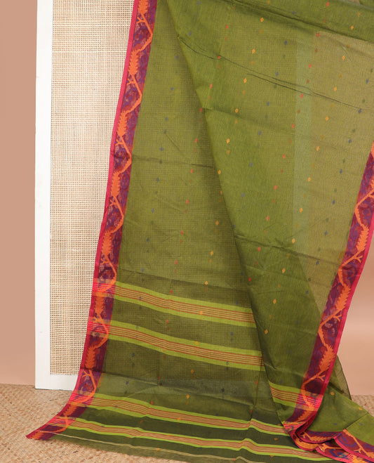 Dark green floral motifs bengal cotton saree with contrast floral zari design border & striped, floral design pallu