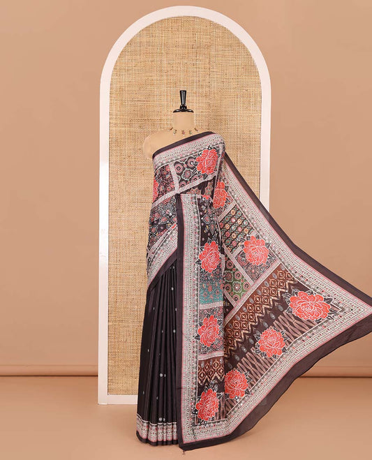 Black geometric and floral printed with mirror work masakali saree, self-border, printed and mirror work pallu, and a matching blouse