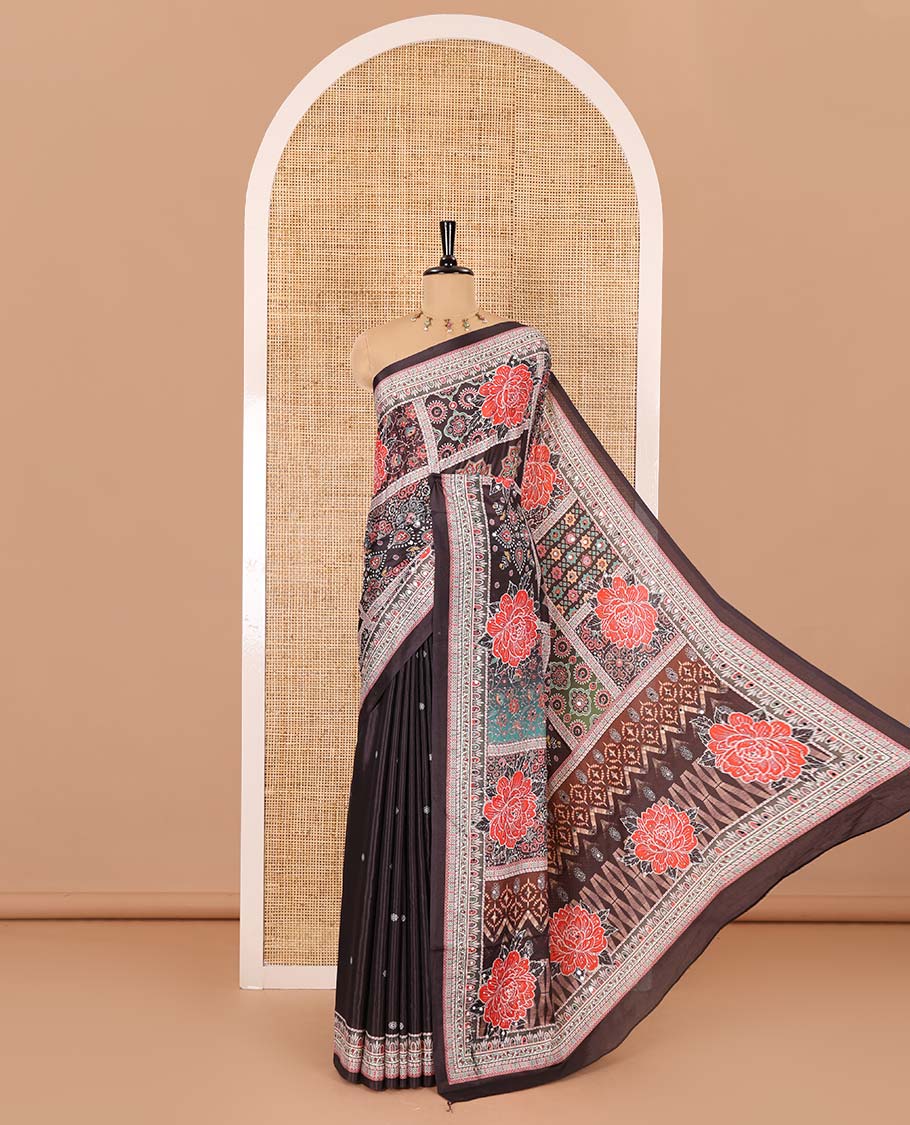 Black geometric and floral printed with mirror work masakali saree, self-border, printed and mirror work pallu, and a matching blouse