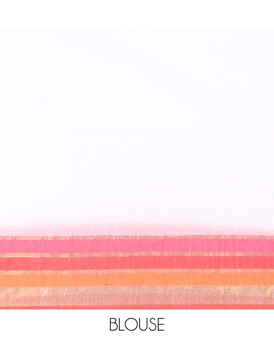 White Khadi Mul Cotton Saree, Artfully Designed Heart Motifs Embroidered on Its Body, Complemented by a Contrast Multi-Colored Striped Border, Pallu Steeped with Heart Motifs Embroidery, and Paired with a Matching Blouse