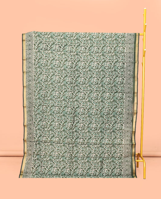Green Mul Mul Cotton Saree, Embellished with Leaf Vine Print, a Piping Border, Floral Motifs Printed Pallu, and a Contrast Blouse