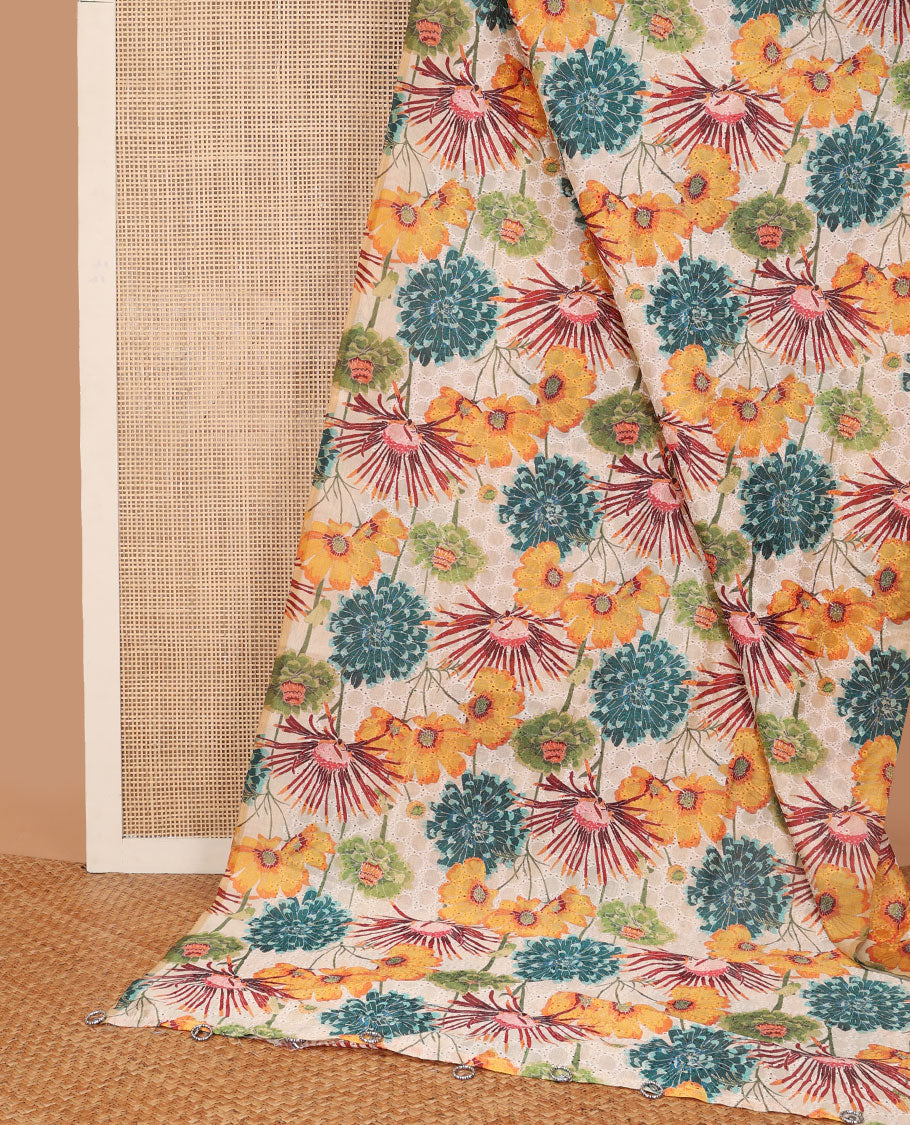 Borderless white floral design, thread embroidery kamala silk saree with contrast checked blouse