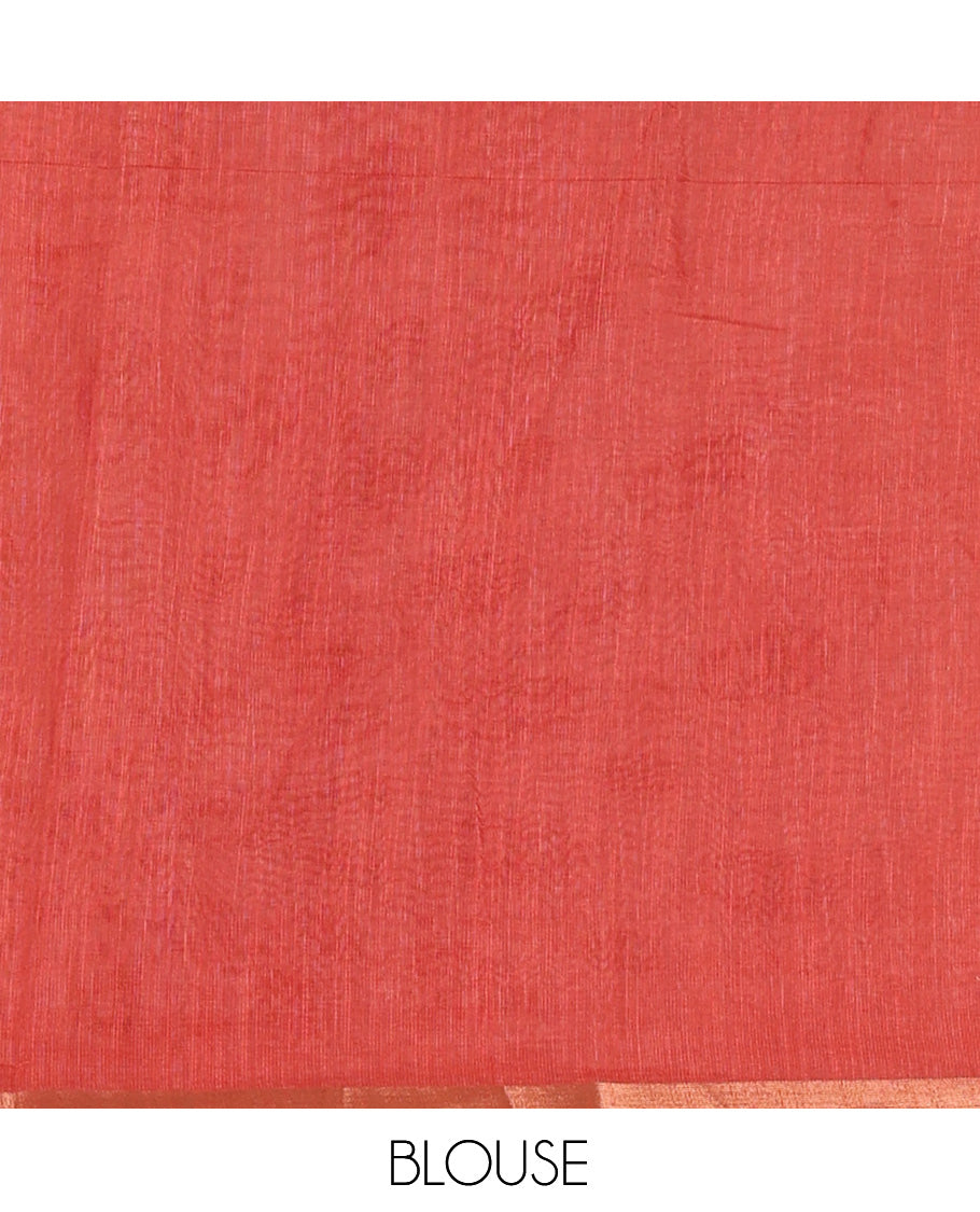 Borderless Rust Linen Cotton Saree, Elevated with Geometric-Abstract Print and a Contrast Blouse