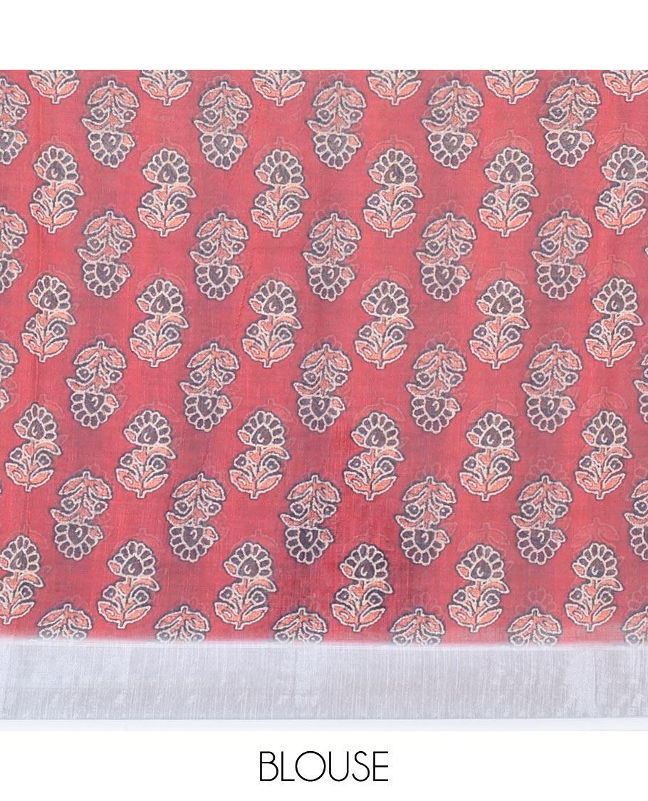 Cream Linen Cotton Saree, Finely Crafted with Triangle Motifs Print, a Zari Border, Printed Pallu, and a Contrast Blouse