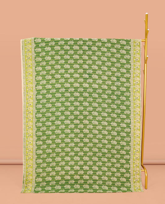 Light Green Machine-Printed Kalamkari Cotton Saree, Steeped with Paisley Motifs on Its Body, Complemented by a Contrast Paisley Printed Border, Pallu Steeped with Paisley Print, and Paired with a Printed Blouse