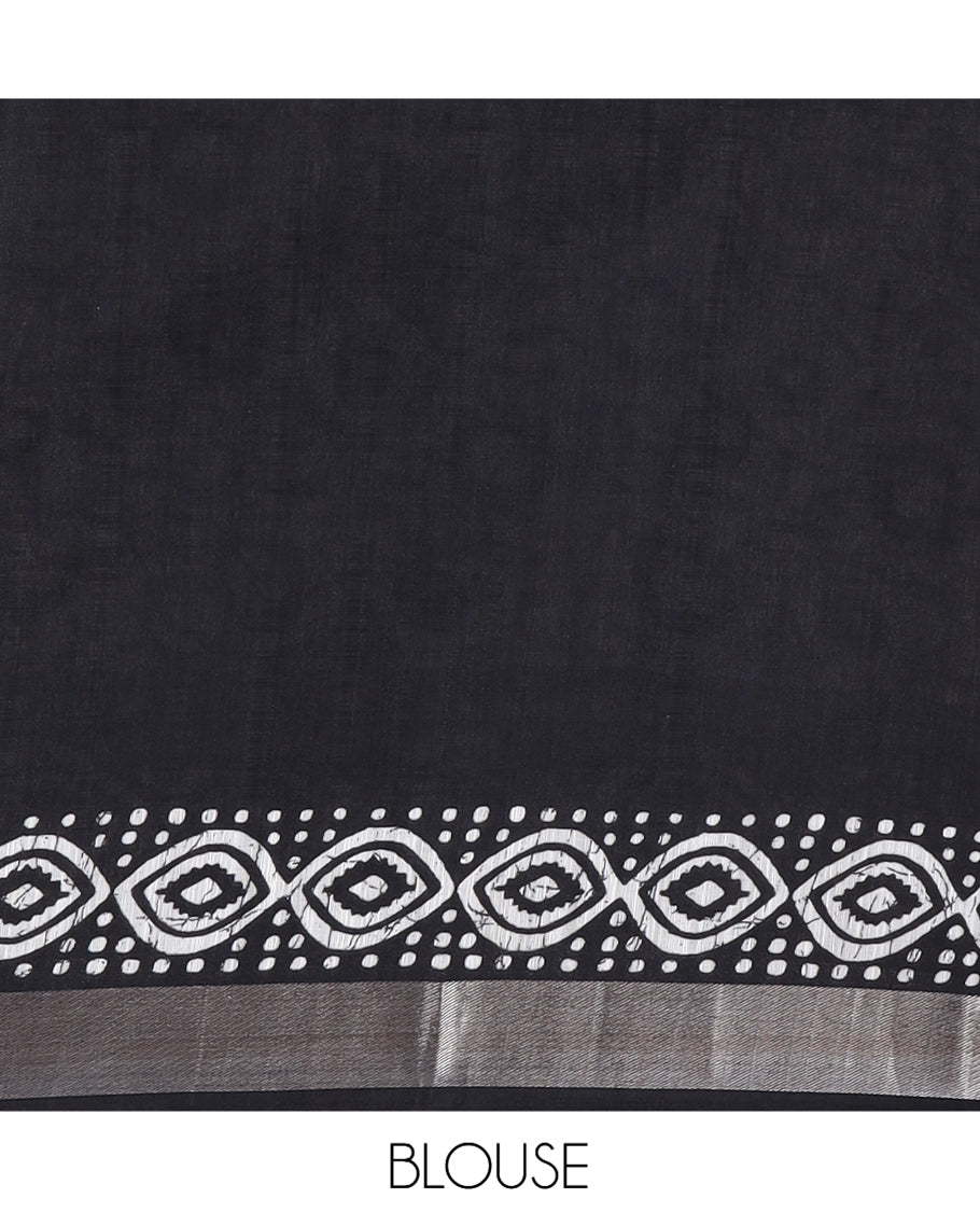 Cream Jute Linen Saree Features Batik Floral Print, Zari Border, Printed Pallu, Contrast Blouse