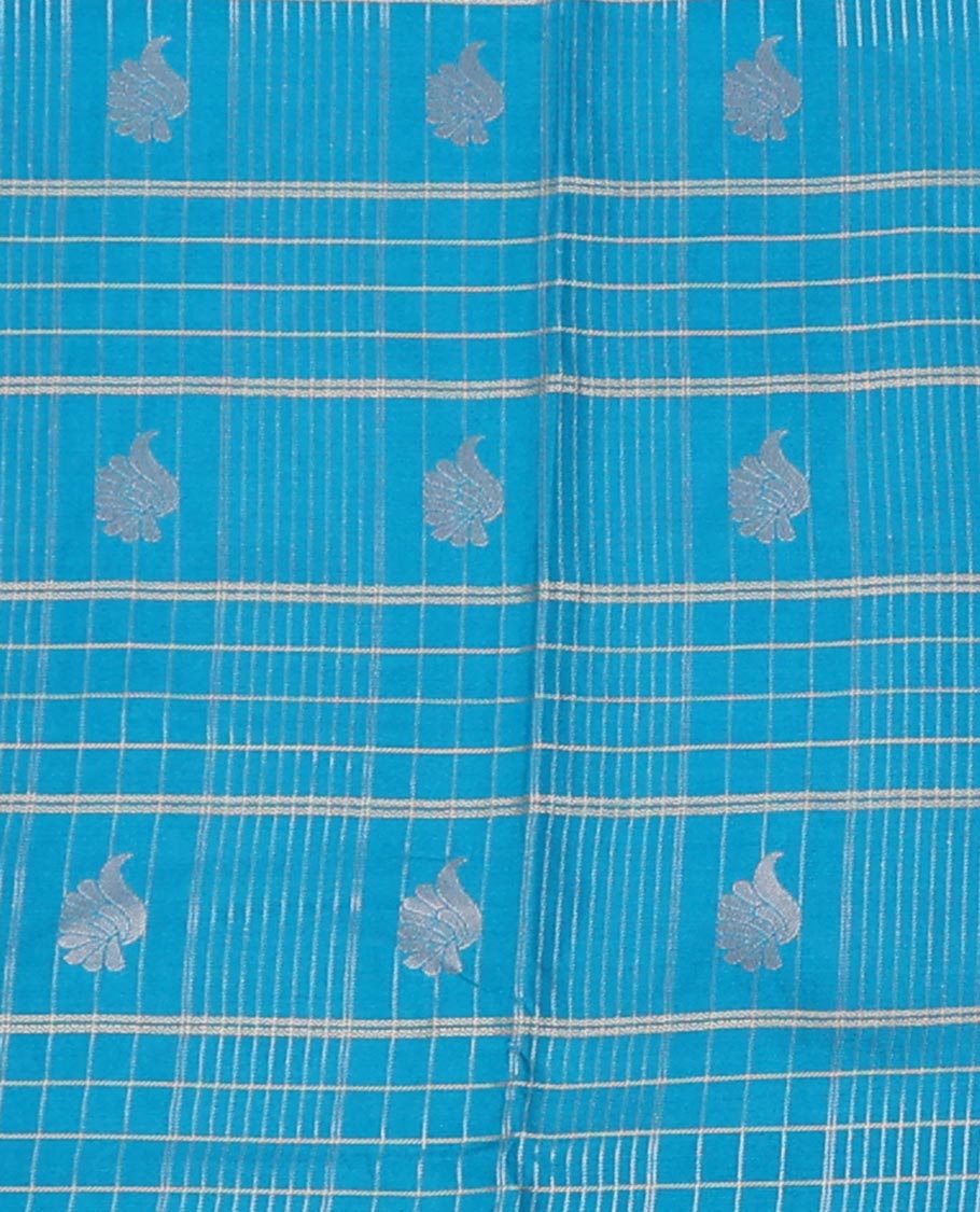 Blue Art Silk Pavadai Material Set Featuring a Zari Butta Enclosed Checked Skirt, Complemented by a Contrast Checked Zari Woven Border, and Paired with a Contrast Blouse