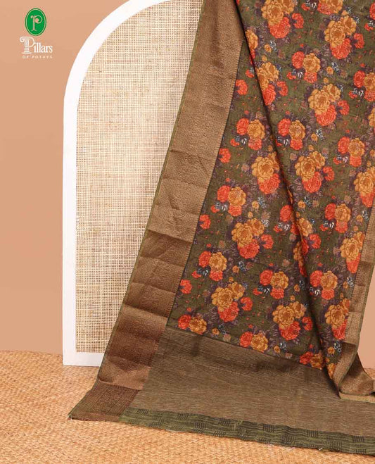 Mehandi green digital print linen saree with banaras style border & chit pallu along with brocade blouse