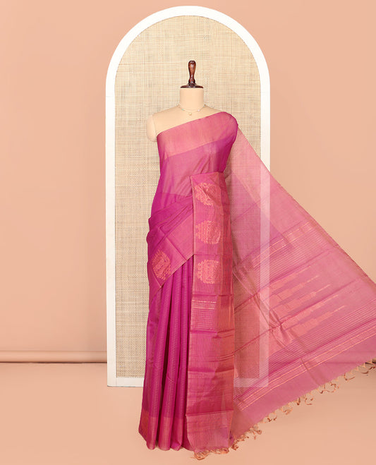 Pink Silk Cotton Saree, Decorated with Buttas All Over Its Body, Complemented by Contrast Border of Parrot Chariot Designs, Temple Pallu, and Paired with a Contrast Blouse