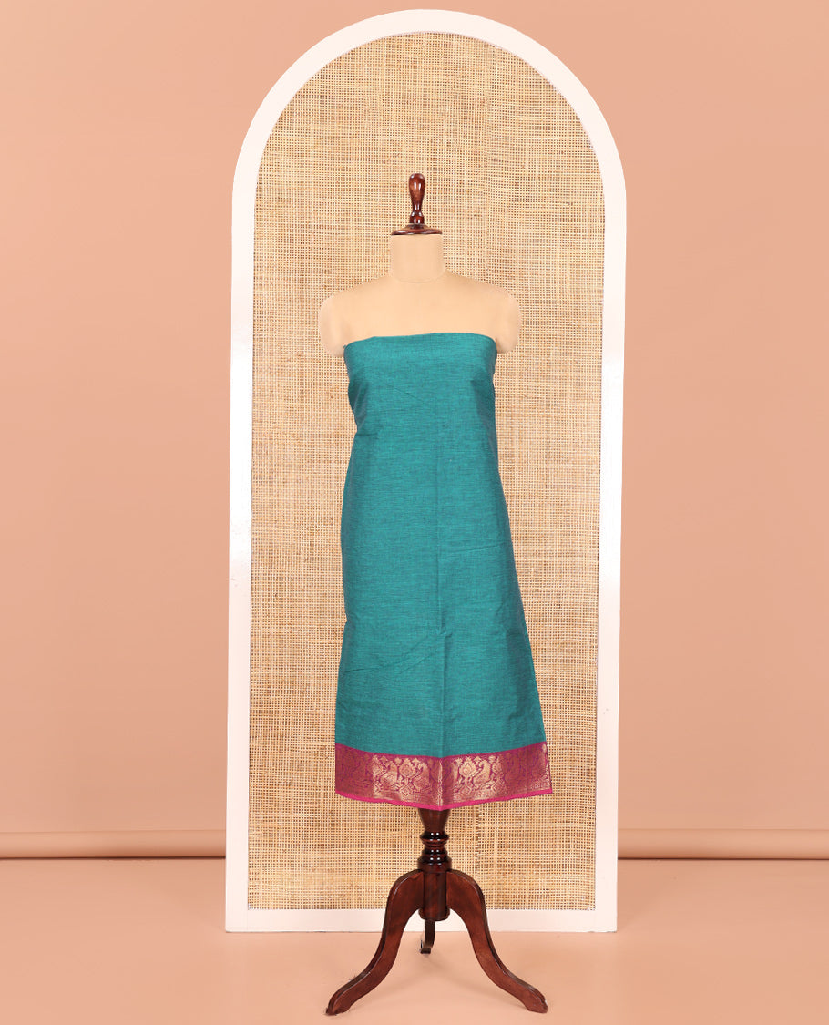 Rama Green Handloom Cotton Material Chudidar, Plain and Contrast Traditional Zari-Bordered Top, a Contrast Plain Bottom, and Contrast Dupatta